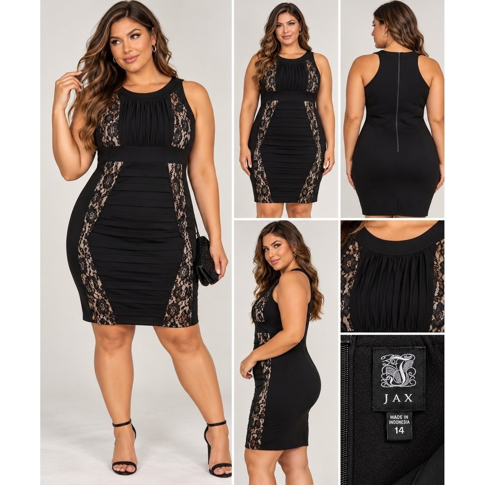 JAX Black Lace Tiered Sheath Dress Sleeveless Cocktail Party 14 IFVX930